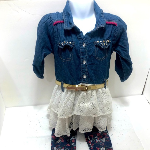 Little lass Girls Blue, pink & gold Floral Outifit size 6x with Belt